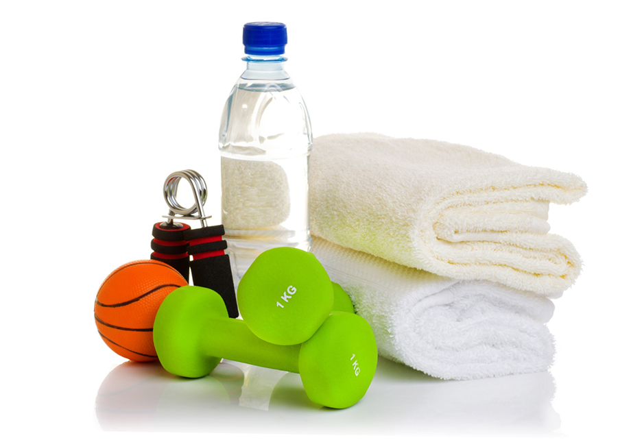 weights, water bottle, and towels